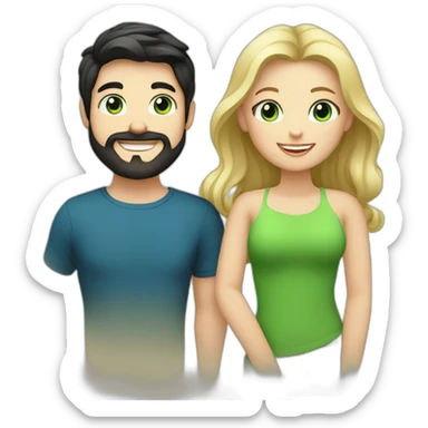 A happy couple, blond chubby girl with blue eyes and black haired and bearded man with green eyes sticker