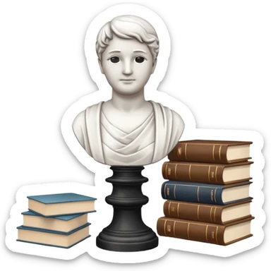 Minimalistic flat vector icon, iOS style, thin black contour on white background. Bust statue on a small pedestal next to a stack of books, symbolizing classic literature. Clean, no text, no shadows sticker