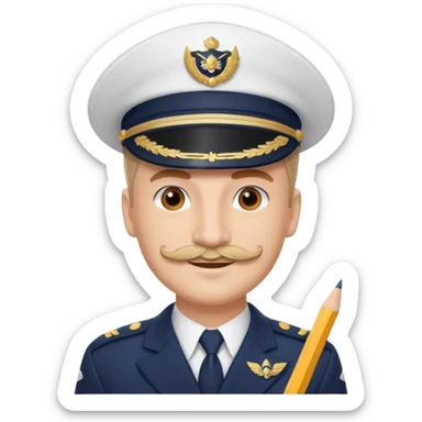 A light-skinned man with brown eyes and Pencil mustache, smiling while wearing a white captain’s hat with a navy emblem. sticker