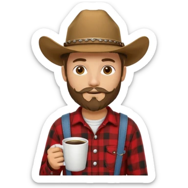 generate an ios genmoji of a 20 year old tan boy with a cowboy hat and french beard. Wearing a flannel and carrying a coffee mug sticker