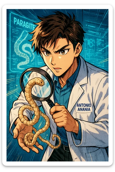 A dynamic manga/webtoon-style illustration of a young male kinesiologist wearing a clean white lab coat, analyzing light beige worms like a tapeworm under a magnifying glass. His expression is focused and slightly intrigued, with sharp, detailed eyes. The art style is vibrant, with bold linework, rich colors, and dramatic lighting. The background is a futuristic laboratory with glowing holographic screens displaying parasite data. The tapeworm is intricately drawn, slimy and segmented, with a slightly exaggerated yet realistic texture. The composition is dynamic, with motion lines or energy effects to emphasize his scientific investigation. The atmosphere is intense but not dark, keeping a balance between scientific seriousness and stylish manga aesthetics, he has "ANTONIO ANANIA" WRITTEN ON WHITE LAB COAT sticker