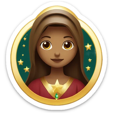 Virgin Mary: kind face looking down at the left, long brown hair, Wearing an emerald green  robe with gold stars and a burgundy red dress,  Hands in prayer or blessing. Halo around her head. standing on a crescent moon.  sticker