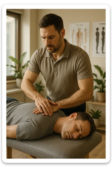 A realistic, cinematic illustration of a professional osteopath in his late 30s, wearing a fitted polo shirt in a neutral color, performing gentle manual manipulations on a patient to improve posture. The osteopath uses precise hand placement along the patient's upper back and cervical spine while the patient lies on a comfortable treatment table in a bright, modern clinic. Anatomical posters showing the spine and posture alignment are on the wall, and the room has warm, natural lighting with plants for a calming atmosphere. The scene emphasizes hands-on osteopathic care to restore body alignment, spinal mobility, and posture, showcasing trust, professionalism, and holistic care sticker