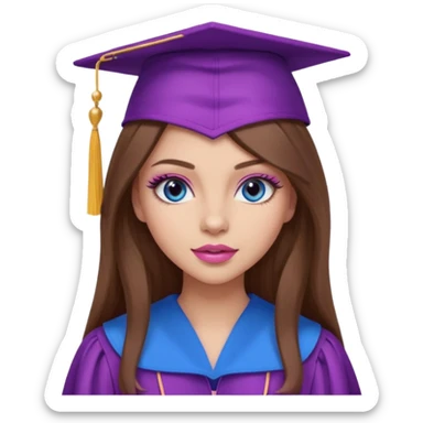 girl with gorgeous long brown hair, blue eyes, long lashes makeup, sexy pink lips, wearing a purple and pink graduation cap and gown sticker