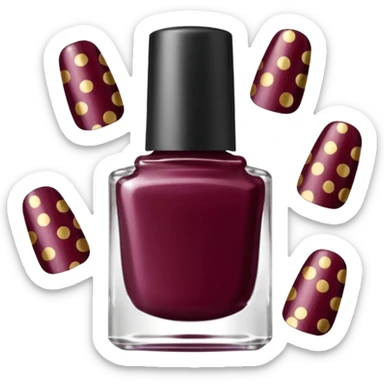 burgundy nail polish bottle, nail polish has light gold iridescence, cap is black with white polka dots, cinematic emoji sticker