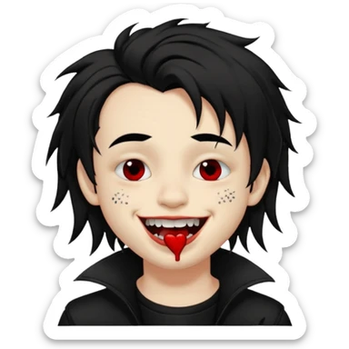 Laughing pale Goth boy with a bunch of face piercings, with shaggy dark brown hair, and messy black eyeliner , smudged, red, lipstick , kissing tan boy with long black hair  sticker