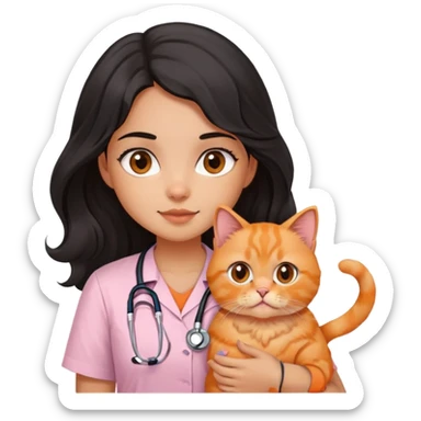 a girl with long black wavy hair and dark brown eyes, wearing a plain light pink short-sleeved shirt with a stethoscope on her neck while holding her orange persian cat sticker