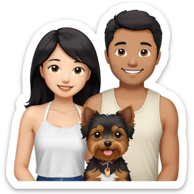 A pretty Asian girl with long, luscious wavy black hair (loose, no hair tie), wearing a white sleeveless halter top, standing beside a brown skinned man with a Two Block 6/4 haircut who is wearing a shirt. They are both smiling and holding a small Yorkshire Terrier together sticker