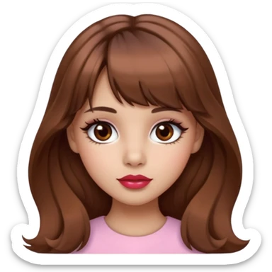 A girly girl with medium skin, soft pinkish cheeks, large bambi dark hazel eyes with long eyelashes, long wavy brown hair with full soft bangs, medium straight nose with a soft tip, medium natural red lips,very feminine and pretty features, sticker