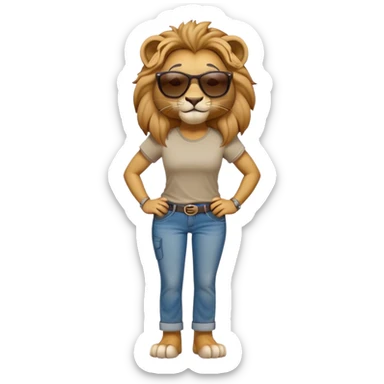 friendly anthropomorphised female lion character, full body, standing confidently with legs apart and hands on hips, wearing jeans, a t-shirt, and dark sunglasses, with a confident smile sticker