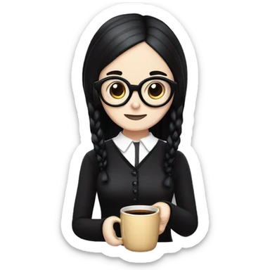 Wednesday Addams wearing square black glasses an holding a steaming coffee  mug  sticker
