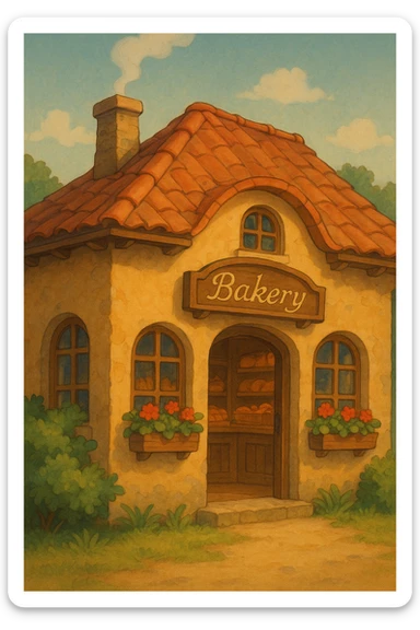 a charming bakery icon in studio ghibli style, warm colors, inviting atmosphere, whimsical details sticker