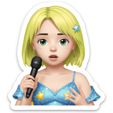 bille elish is singing, 2 hands holding mirco and twinkle dresss sticker