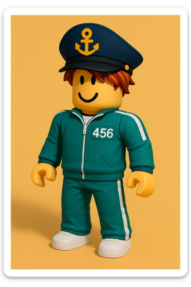 full body Roblox bacon character wearing a Squid Game player tracksuit and a captain hat, playful and bold sticker