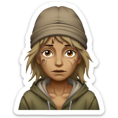 very dirty looking homeless woman with ripped hat with ugly hair sticker