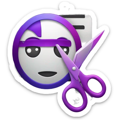 Design a sleek and professional video editing icon featuring a film strip, a play button, and a pair of scissors. Incorporate color correction sliders and subtle glowing effects. Use purple shades with gradients to create a modern, eye-catching look. sticker