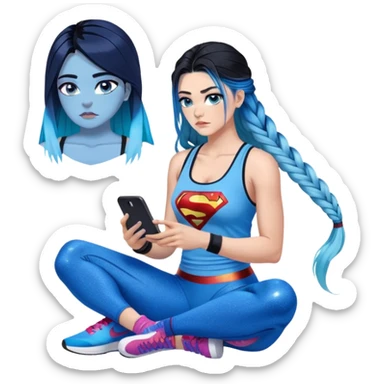 Shameful and disappointed-Female-very very very large chest-texting on a samsung cell phone-very long straight braided black to sky blue hair ombre-blue eyes-black eyeliner-long eyelashes-iridescent sky blue low cut tank top with glitter superman logo-matching leggings-nike hightop sneakers sticker