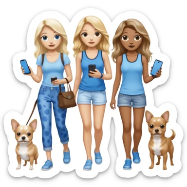 Three women in summer clothes holding iPhone, hazel eyed light skin with dark blonde long hair and light skin hazel eyed brown long wavy hair, blue eyed light skin long blonde hair walking 2 different dogs that are blue spotted Merle Frenchie, black and tan chihuahua  sticker