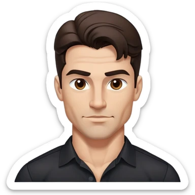 Strong athletic man with buff build, youthful 40s appearance, light brown complexion, elongated face, defined jawline, attractive confident smirk, intense dark eyes, medium eyebrows, straight nose, medium wavy dark hair, wearing a black button-down shirt that shows his muscular build sticker