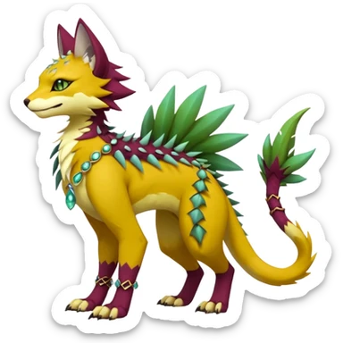 Kawaii cute reddish orangish yellowish greenish purplish exotic tribal beautiful pretty elegant divine edgy feline-vernid-sergal-Fakémon-Pokémon-Digimon-fursona-animal-creature with accessories, jewelries, full body, with intricate detailed markings, furs, fins, scales, spiny sticker