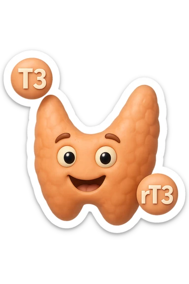 EMOJI STILE IPHONE 3D DI ormoni tiroidei (T3 ed rT3) che fluttuano in aria intorno ad una tiroide felice, iperrealistico 4k sticker