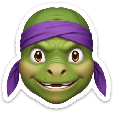 Donatello from Teenage Mutant Ninja Turtles, emoji style, head only, with a bandana sticker