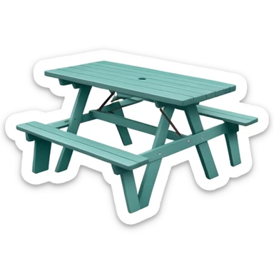 simple rectangular picnic table with attached benches, soft teal color, straight vertical legs, small wheels underneath, flat wood-style silhouette, muted teal tone, clean geometry, minimal shading, slightly theatrical sticker