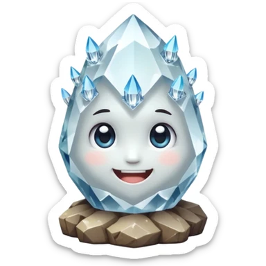 A single cute crystal rock character inspired by a clear quartz cluster, chunky round base with many tall transparent crystal spikes growing upward all around it, faceted and slightly imperfect, on the front of the base a big kawaii face with large glossy eyes and a wide happy smile sticker