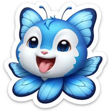 Cinematic Realistic Cute Yawning Blue Butterfly Portrait Emoji, Head tilted slightly with a dramatic, wide-open yawn, showcasing soft, downy sapphire wings with delicate, natural droop and half-closed, drowsy eyes rendered in exquisite detail, high shine, relaxed yet expressive, styled with a dash of subtle garden charm, soft glowing outline, capturing the essence of a sleepy yet affectionate blue butterfly that appears ready to rest its wings in quiet, enchanted slumber! sticker