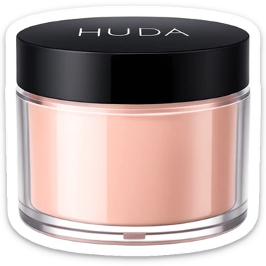 Create an emoji of Huda Beauty loose powder in its round, flat jar, short and wide, frosted or matte plastic, black screw-on lid, minimal luxe makeup packaging, clean glam aesthetic. sticker