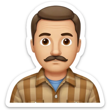 middle aged white man with dark brown mustache and goatee  standing, wearing a plaid shirt sticker