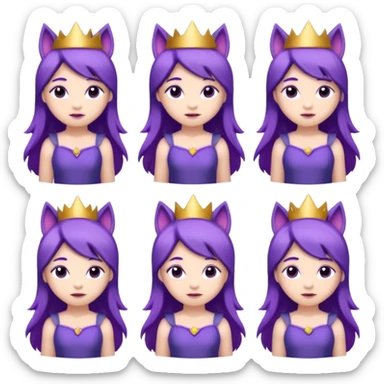 A collection of twelve chibi-style illustrations of a cute princess wearing a purple dress and crown with purple hair and purple wolf ears and purple wolf tail character. Each square shows the character expressing a different emotion against a white background And make a gap between each illusion sticker