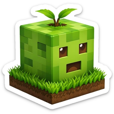 A 3D Apple-style emoji of a Minecraft grass block, cubic shape, with bright green grass on top and brown soil with pixel texture on the sides, simple and cute cartoon design. sticker