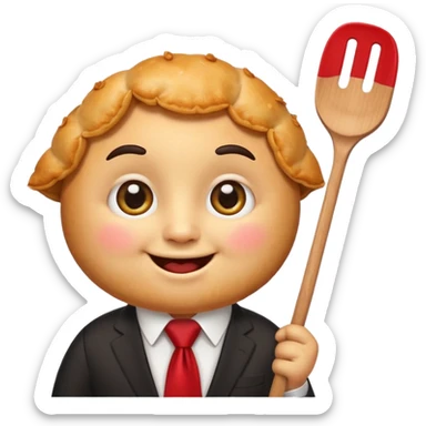 emoji style, happy fried empanada with face, big sparkling eyes, blushing cheeks, two buck teeth, red necktie, holding spatula, thick black outline, golden brown color, very cute and wholesome, transparent background sticker