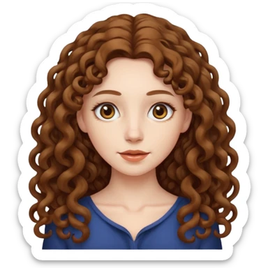 pale woman with brown curly very long hair, middle part. the hair is very long, waist length, but you can't see her waist sticker