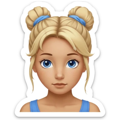 Attractive Woman with tan skin, wide face, freckles, blonde messy bun hairstyle, and blue eyes sticker