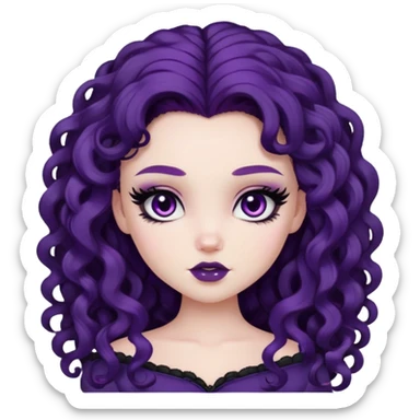 curly long dark purple hair, pale skin, brown eyes, pretty bratz baddie, black eyeliner, blush sticker