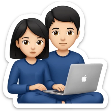 black haired boy and girl in navy blue pajamas , watching movie on laptop sticker