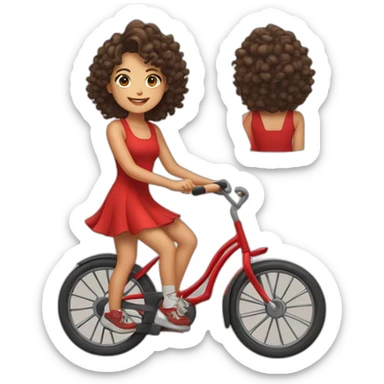 A TOK emoji of a Taiwanese girl with curly hair wearing red dress and keen shoes riding bicycle sticker