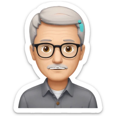 man 60 short dark grey hair, brown eyes small black rectangle glasses no beard sticker