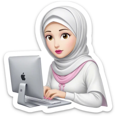white skin hijab woman working in computer. Her outfit is white, her lips is pink, her expression is focused on computer, her scarf color is white sticker
