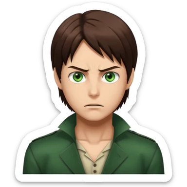 “Create an avatar that looks like Eren Yeager from Attack on Titan, Season 4 — sharp jawline, tied-back long brown hair, intense green eyes. sticker