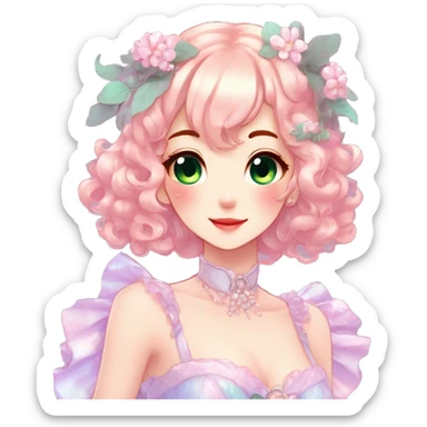 Gorgeous anime style lady with blushing face and accessories cottagecore fairycore Kawaii anime colorful pearly romantic aesthetic trending style sticker
