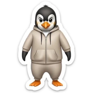 friendly anthropomorphised penguin wearing a mafia-style tracksuit, angry expression, brisk purposeful stride sticker