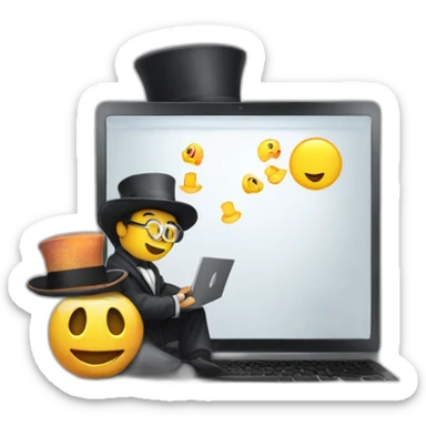 a magician programming a laptop with an emoji of a truck on the laptop screen sticker