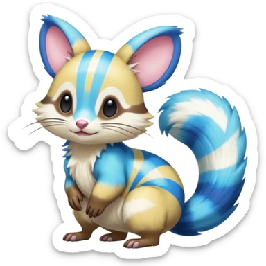Neon-yellow and neon-cobalt-blue- and cyan-gradients-striped Furret-Emolga-Genet-Cacomistl-hybrid-fusion (full body) sticker