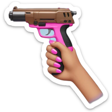 brown hand with pink nails holding large scary dark nerf gun sticker