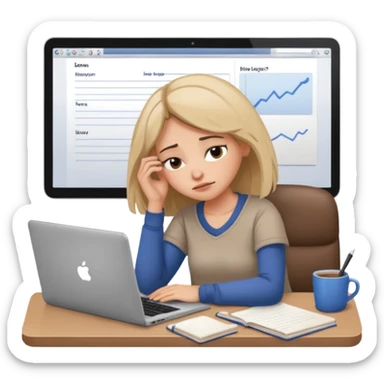 female tired blogger with a laptop, head resting on hand, sleepy expression, open notebook, cozy workspace sticker