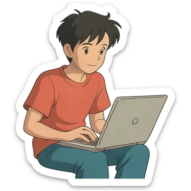 ghibli style teenager with a laptop sticker