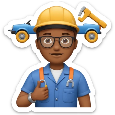 A 3D emoji with a Memoji style that the depicts a person who is learning to become a car mechanic as his highchool extended profile sticker